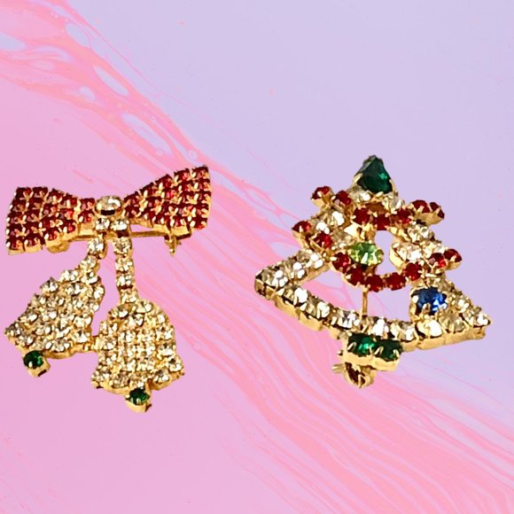 Vintage Christmas Brooch Christmas Tree + Bow Bells Lot of 2 Pins - Picture 11 of 11